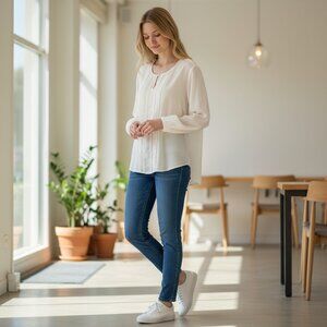 LANDS' END Women's EUC Long Sleeve Lace Trim Blouse |‎ Size 14